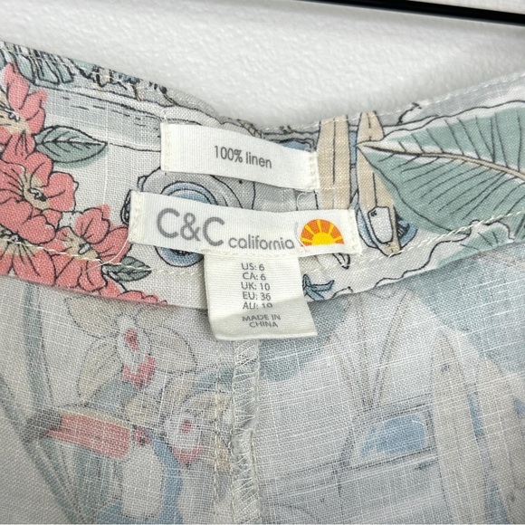 C&C California 100% Linen Shorts Size 6 Tropical Print Tie Front Coastal Boho - Picture 7 of 10